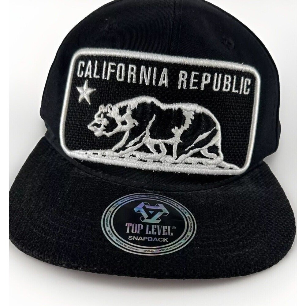 Top Level California Republic Bear Patch Logo Snapback Hat Black White OSFM